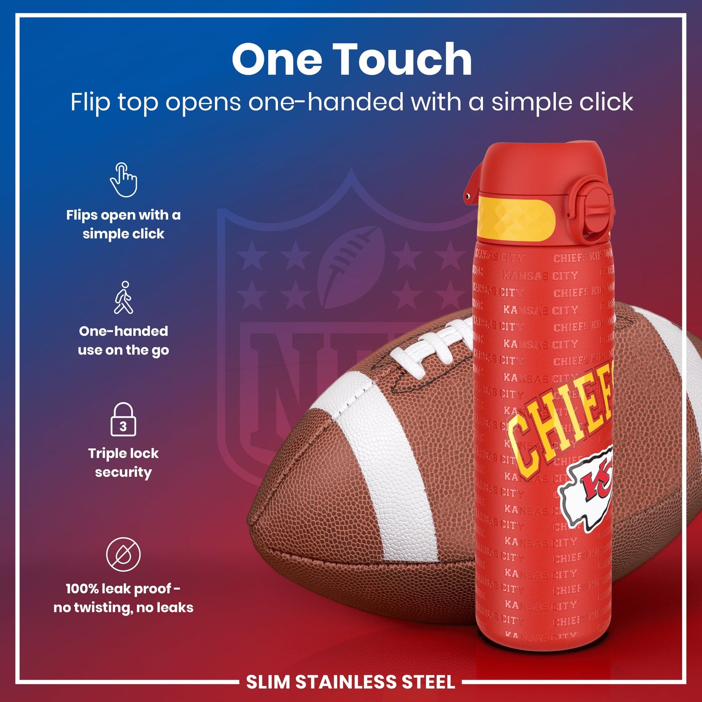 Leak Proof NFL Water Bottle, Stainless Steel, Kansas City Chiefs, 600ml (20oz)