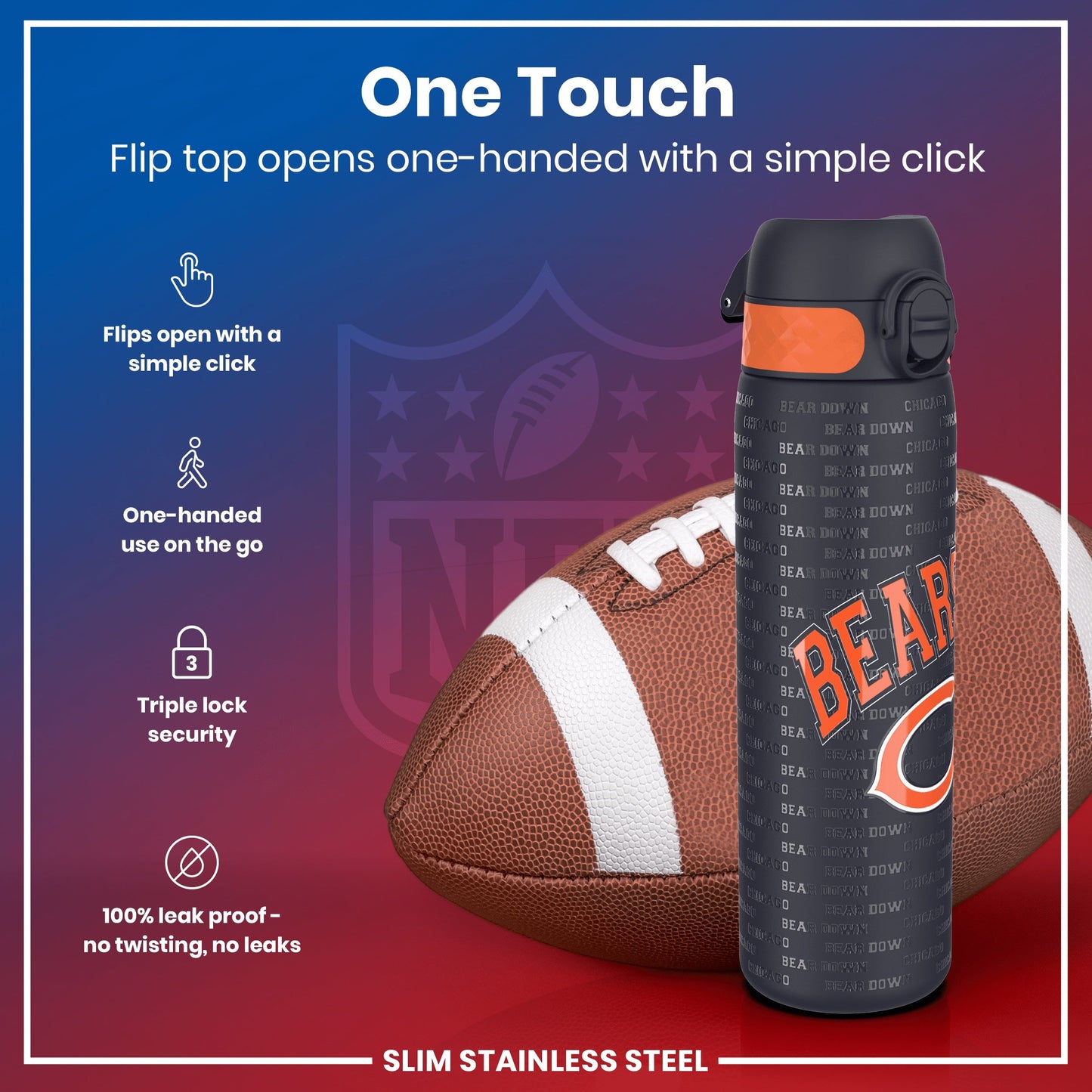 Leak Proof NFL Water Bottle, Stainless Steel, Chicago Bears, 600ml (20oz)