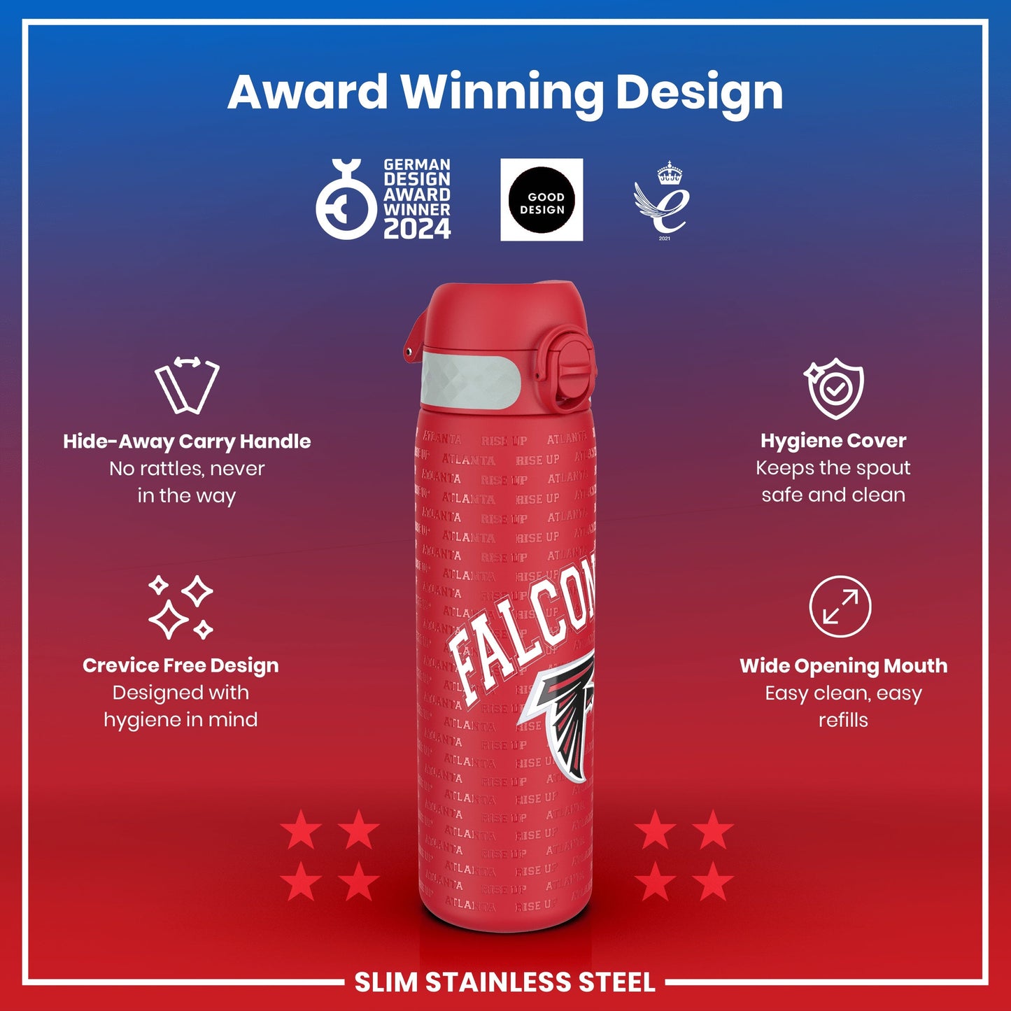 Leak Proof NFL Water Bottle, Stainless Steel, Atlanta Falcons, 600ml (20oz)