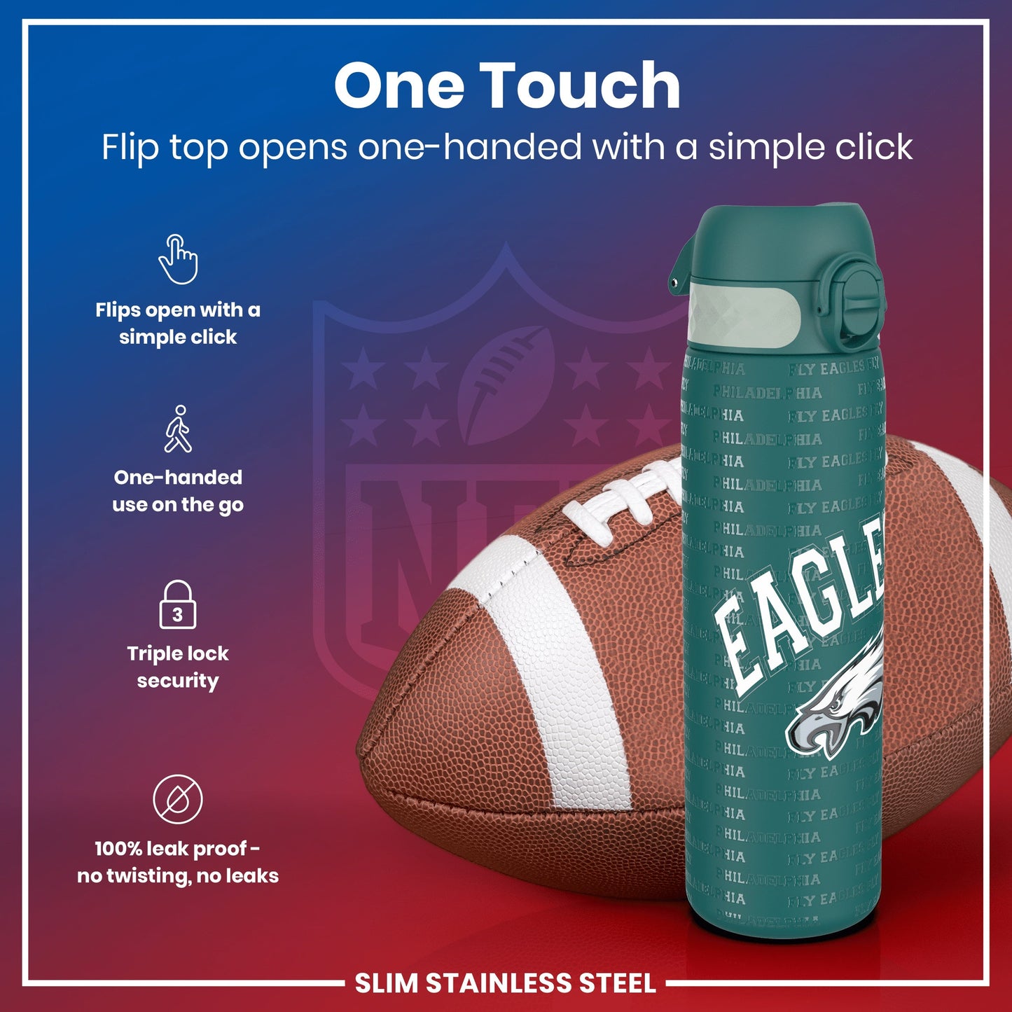 Leak Proof NFL Water Bottle, Stainless Steel, Philadelphia Eagles, 600ml (20oz)