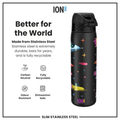 Leak Proof Slim Water Bottle, Stainless Steel, Spaceships, 600ml (20oz)