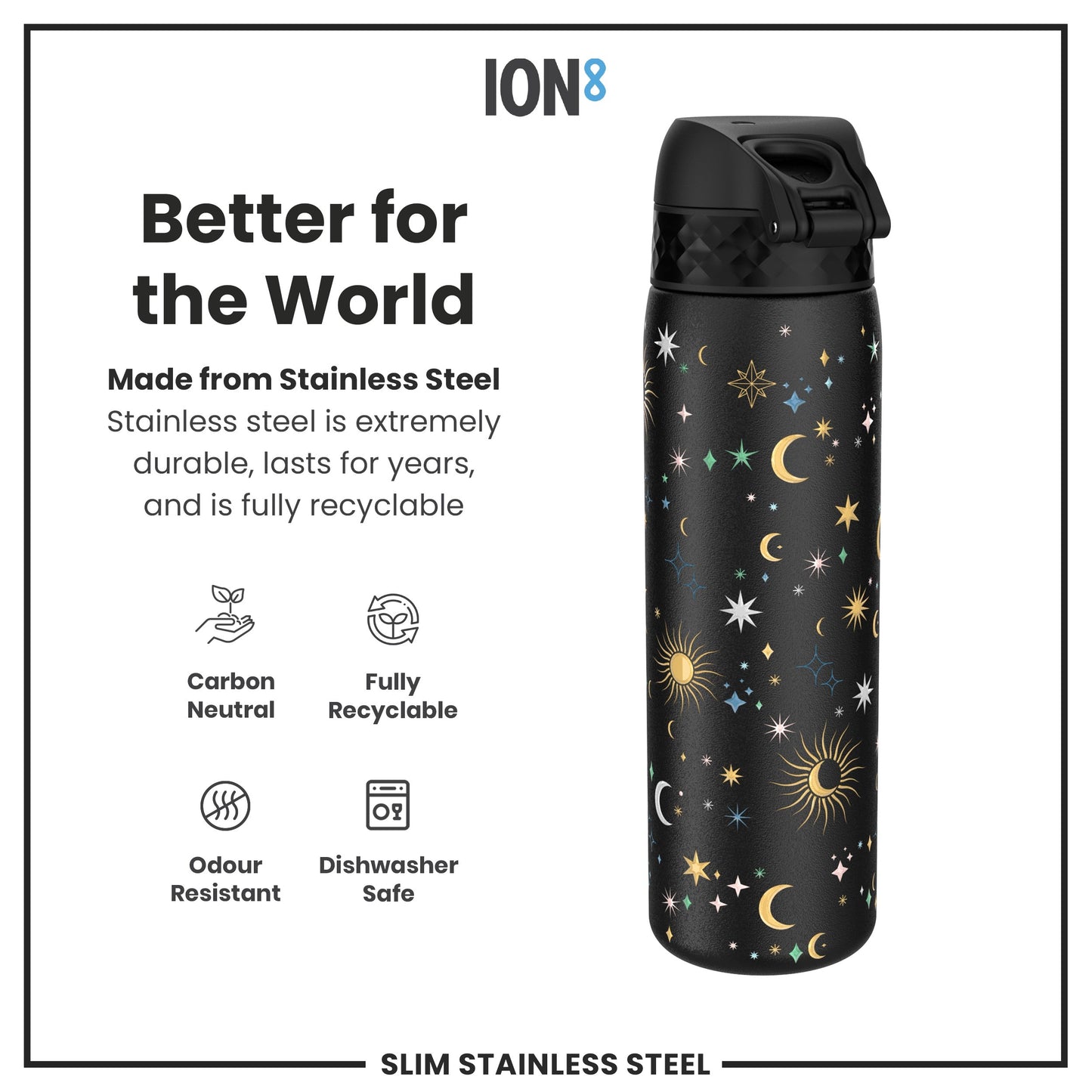 Leak Proof Slim Water Bottle, Stainless Steel, Celestial, 600ml (20oz)
