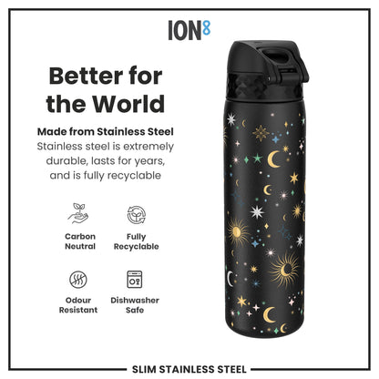 Leak Proof Slim Water Bottle, Stainless Steel, Celestial, 600ml (20oz)
