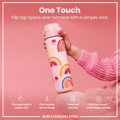 Leak Proof Slim Water Bottle, Stainless Steel, Rainbows, 600ml (20oz)