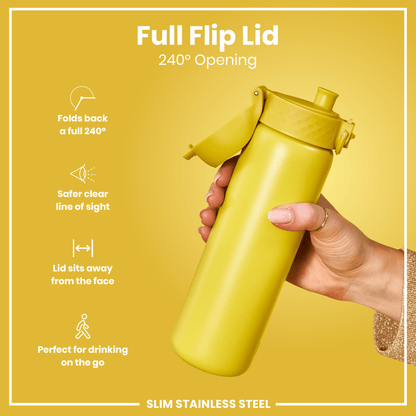 Leak Proof Slim Water Bottle, Stainless Steel, Yellow, 600ml (20oz)