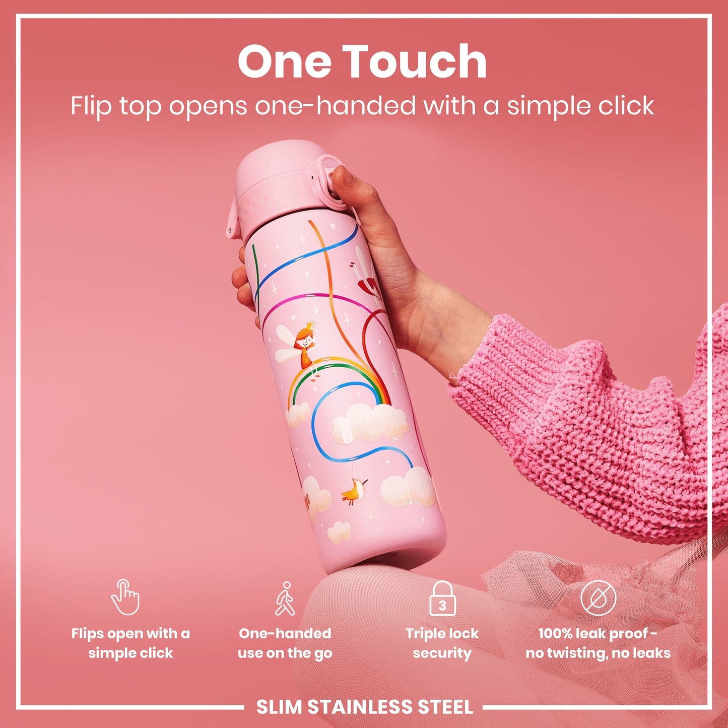 Leak Proof Slim Water Bottle, Stainless Steel, Fairies, 600ml (20oz)