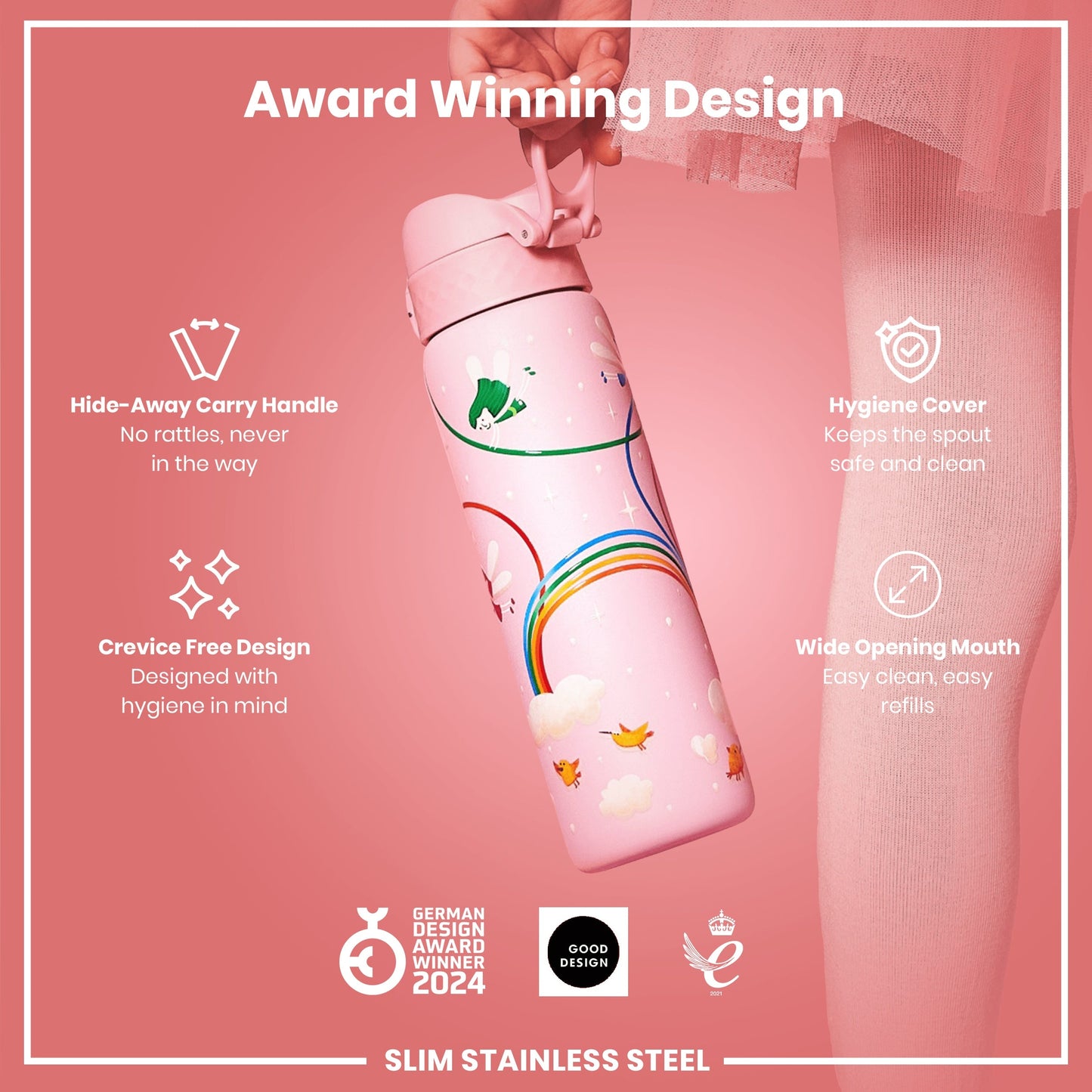 Leak Proof Slim Water Bottle, Stainless Steel, Fairies, 600ml (20oz)