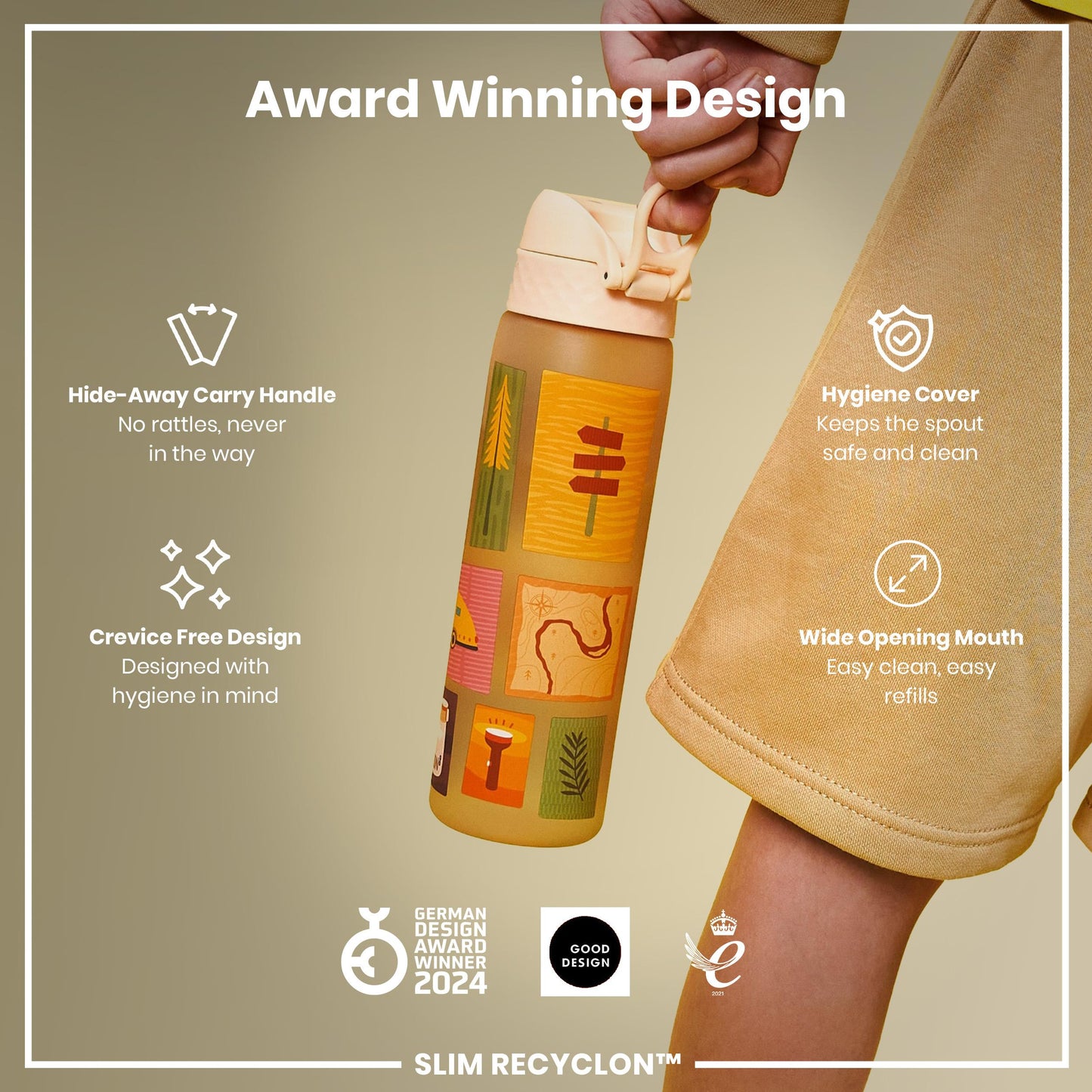 Leak Proof Slim Water Bottle, Recyclon, Camping, 500ml (18oz)