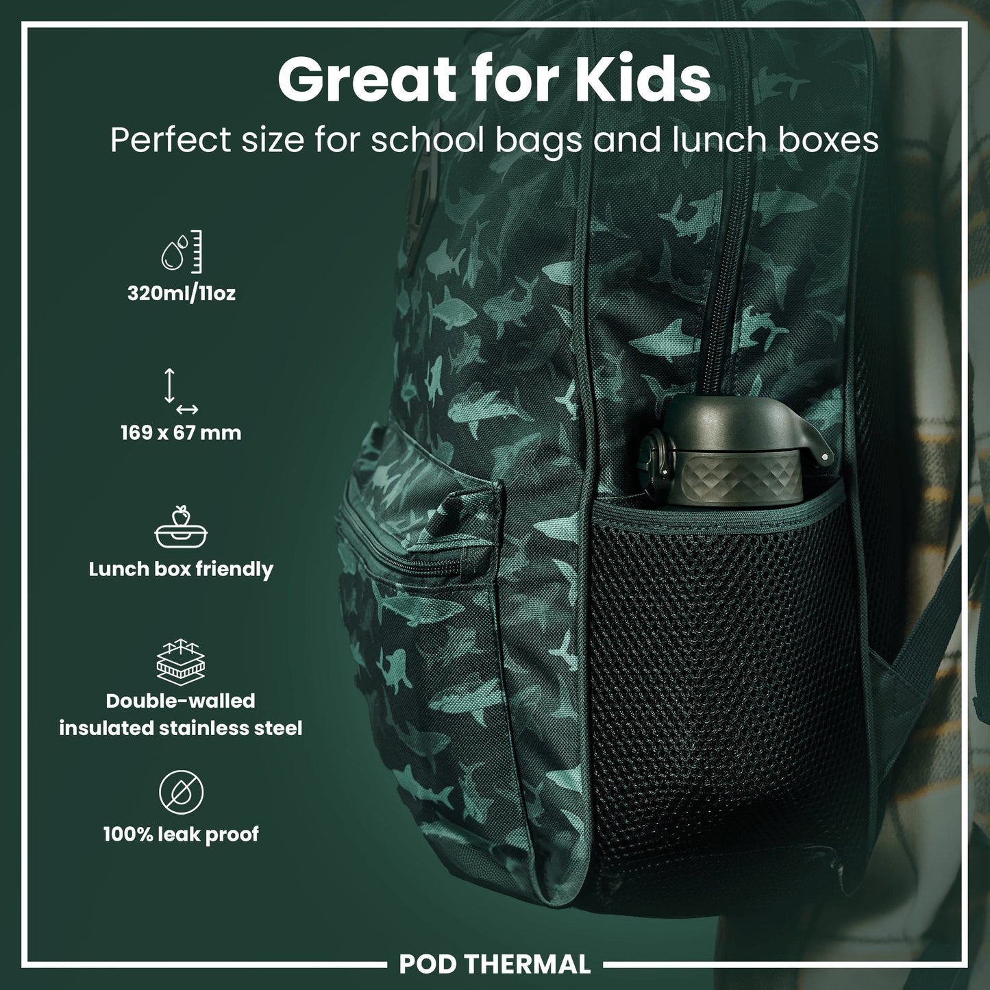 Leak Proof Thermal Steel Water Bottle, Insulated, Dark Green, 320ml (11oz)