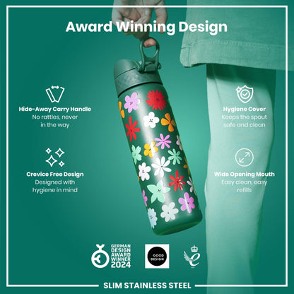 Leak Proof Slim Water Bottle, Stainless Steel, Floral, 600ml (20oz)