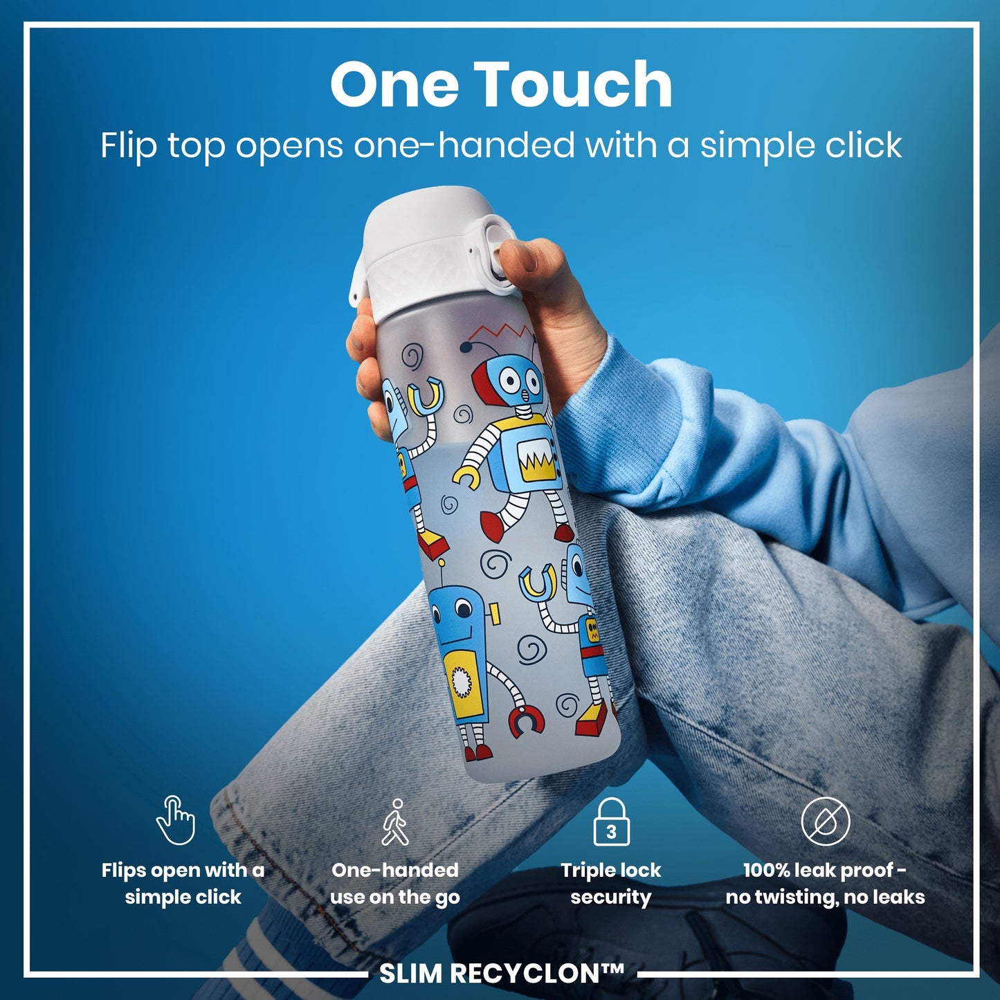 Leak Proof Slim Water Bottle, Recyclon, Robots, 500ml (18oz)