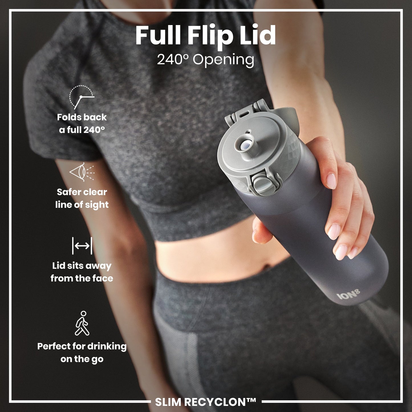 Leak Proof Medium Water Bottle with Straw, Recyclon, Grey, 500ml (18oz)