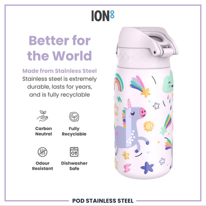 Leak Proof Kids Water Bottle, Stainless Steel, Unicorns, 400ml (13oz)