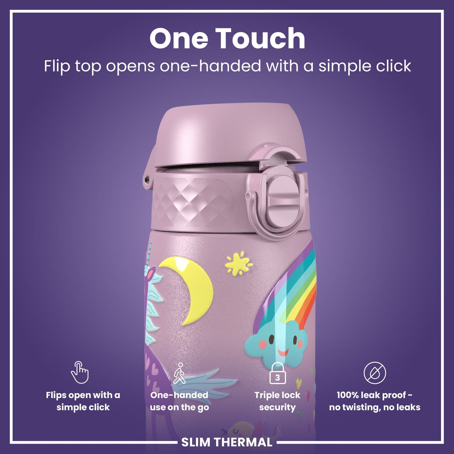 Leak Proof Slim Thermal Steel Water Bottle, Insulated, Unicorns, 500ml (17oz)