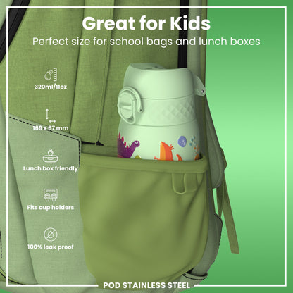 Leak Proof Thermal Steel Water Bottle, Insulated, Dinosaurs, 320ml (11oz)