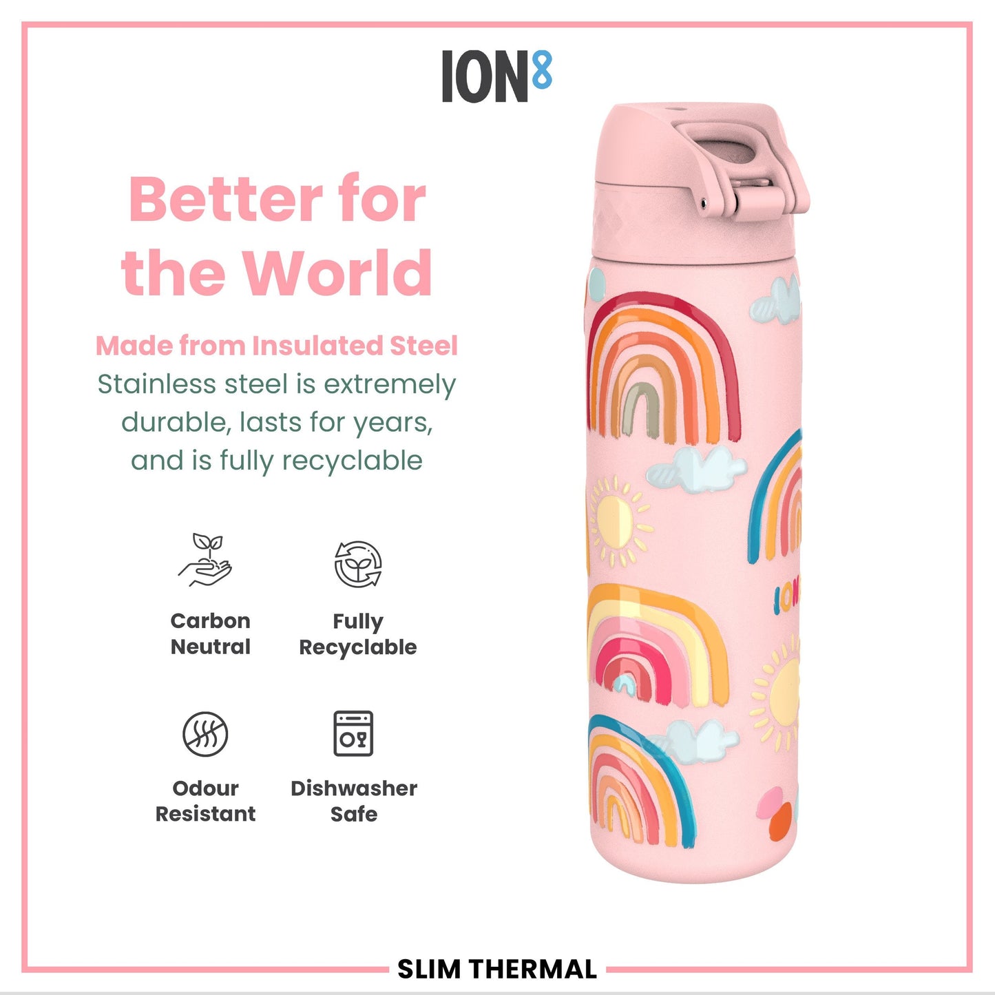 Leak Proof Slim Thermal Steel Water Bottle, Insulated, Rainbows, 500ml (17oz)