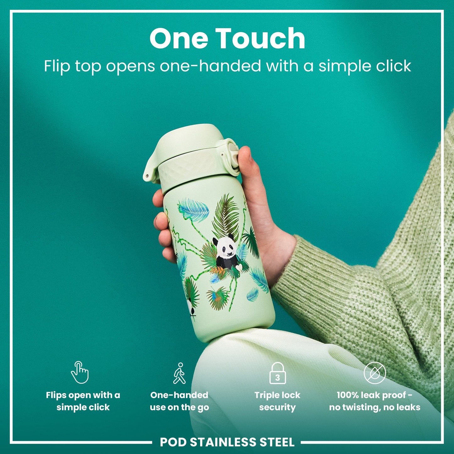 Leak Proof Kids Water Bottle, Stainless Steel, Pandas, 400ml (13oz)