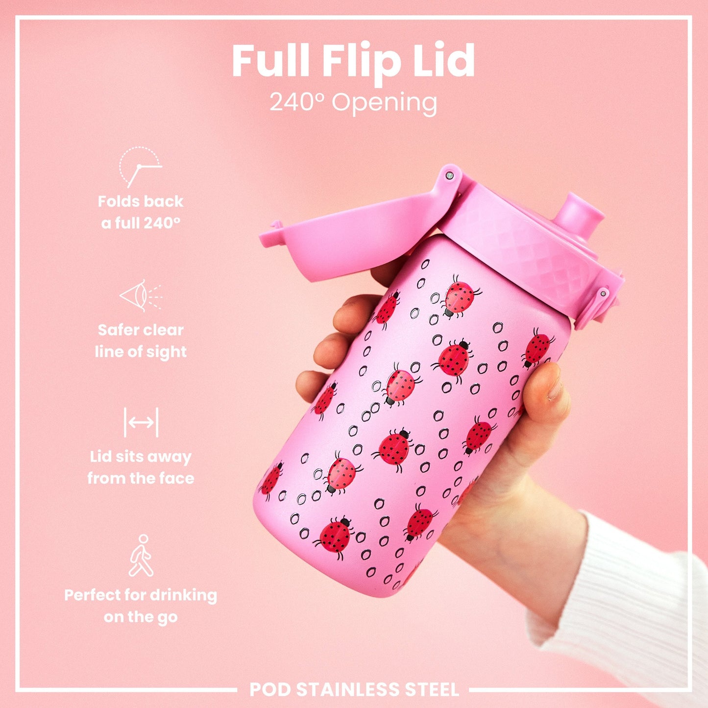 Leak Proof Kids Water Bottle, Stainless Steel, Ladybugs, 400ml (13oz)