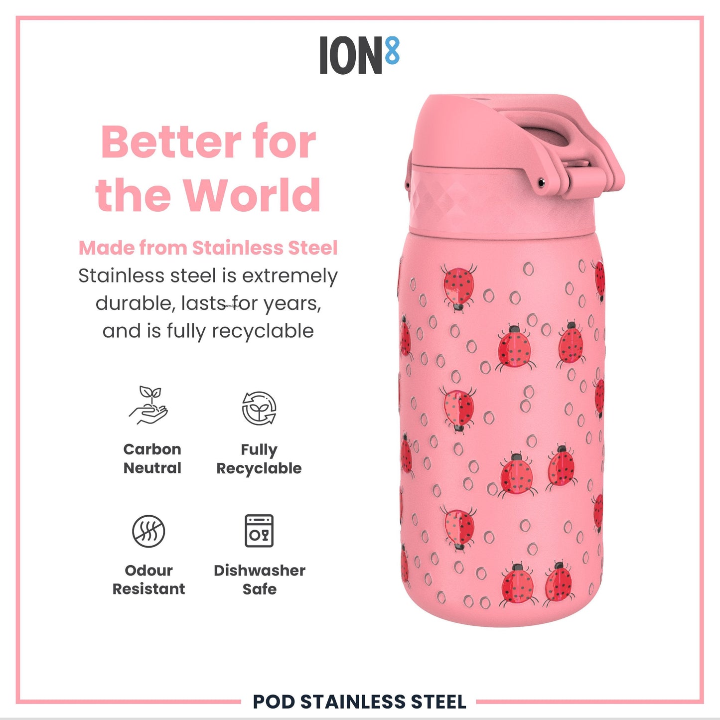 Leak Proof Kids Water Bottle, Stainless Steel, Ladybugs, 400ml (13oz)
