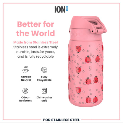 Leak Proof Kids Water Bottle, Stainless Steel, Ladybugs, 400ml (13oz)