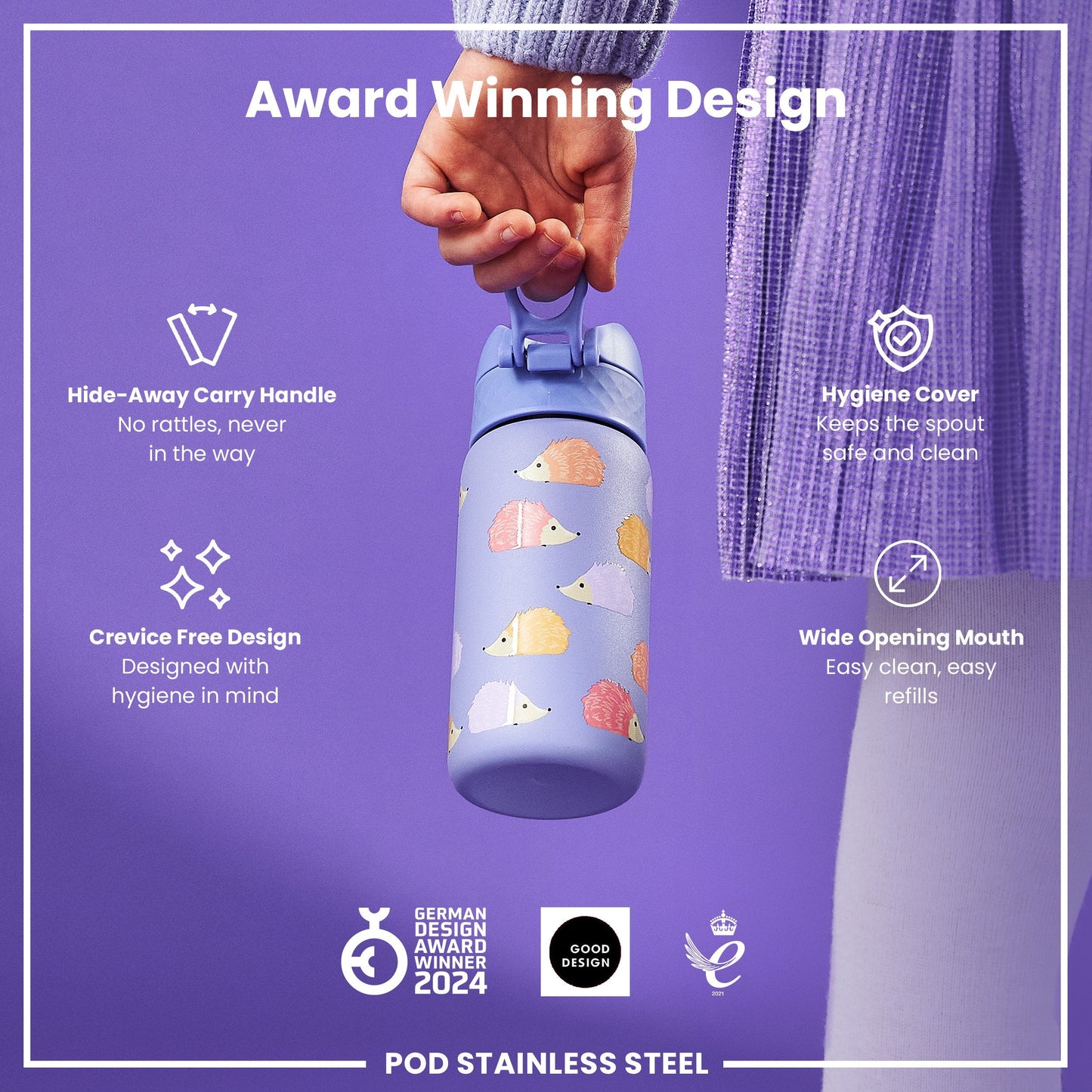 Leak Proof Kids Water Bottle, Stainless Steel, Hedgehogs, 400ml (13oz)