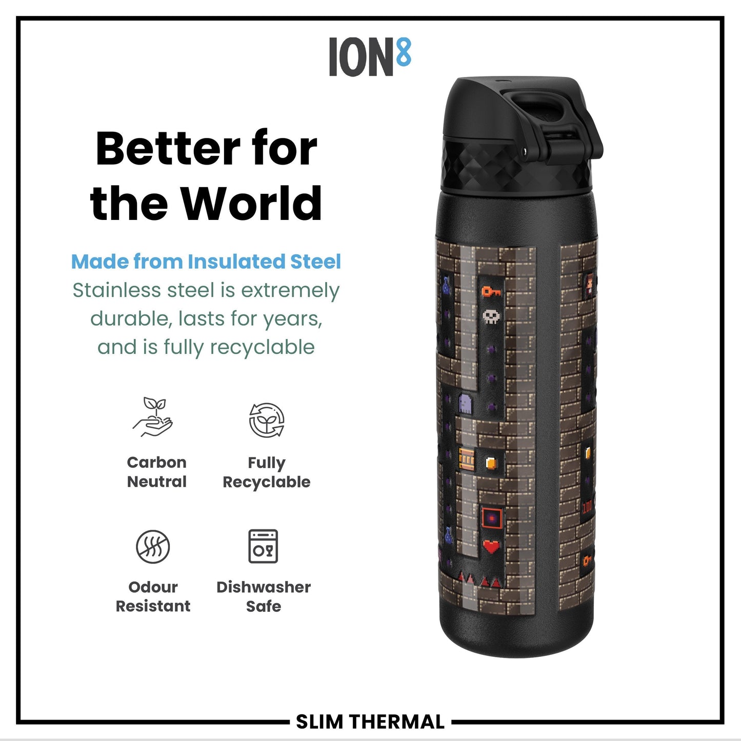 Leak Proof Slim Thermal Water Bottle, Insulated Steel, Gamer, 500ml (17oz)