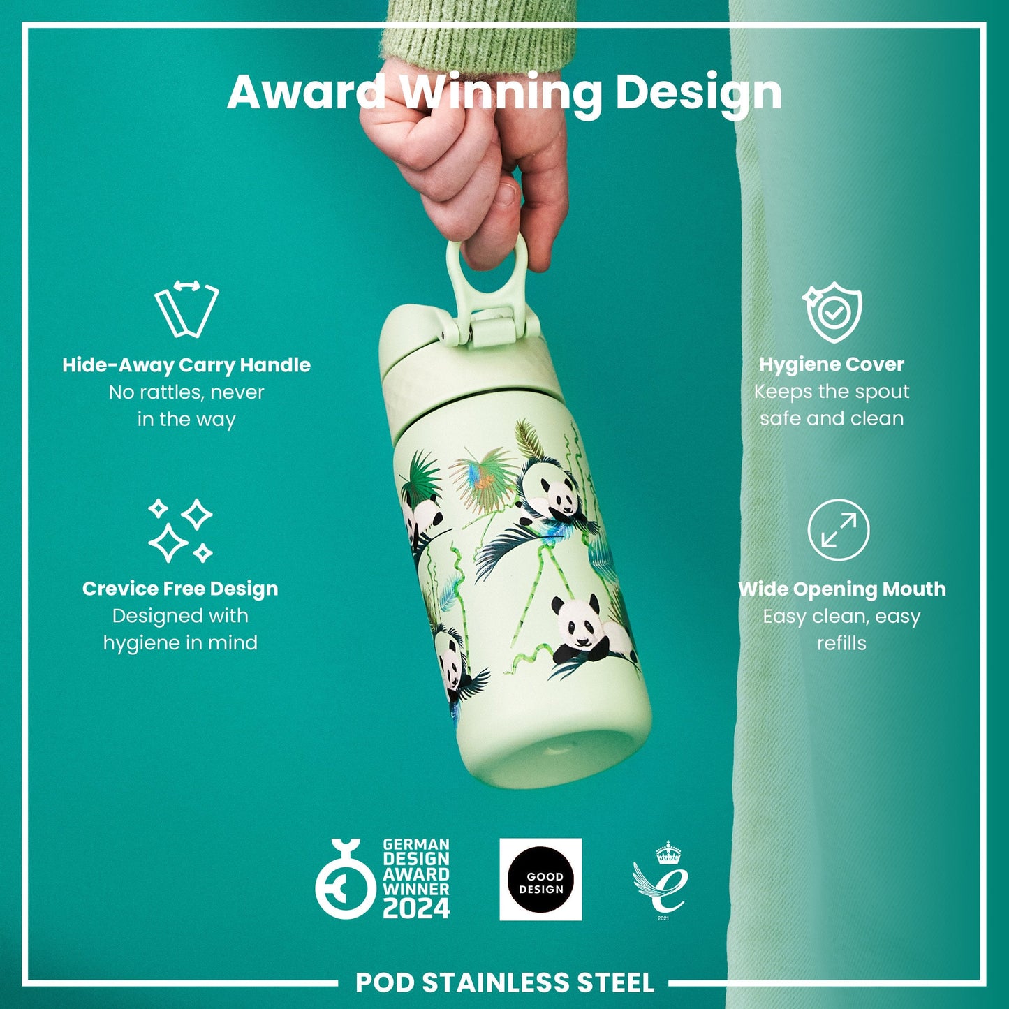 Leak Proof Thermal Steel Water Bottle, Insulated, Pandas, 320ml (11oz)