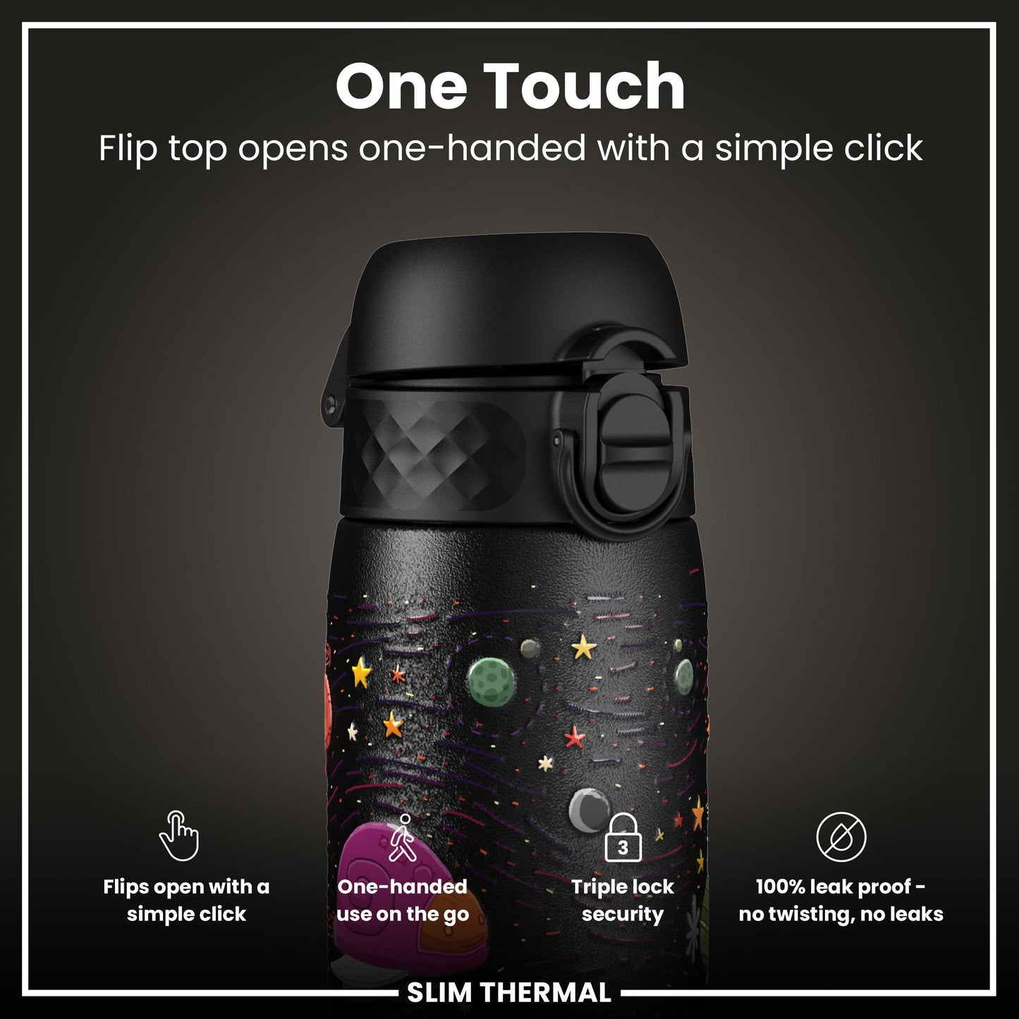 Leak Proof Slim Thermal Water Bottle, Insulated Steel, Spaceships, 500ml (17oz)