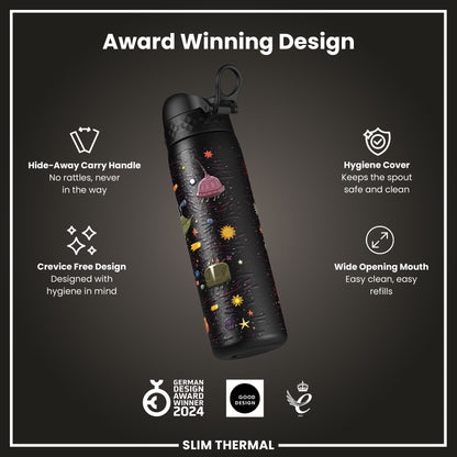 Leak Proof Slim Thermal Water Bottle, Insulated Steel, Spaceships, 500ml (17oz)
