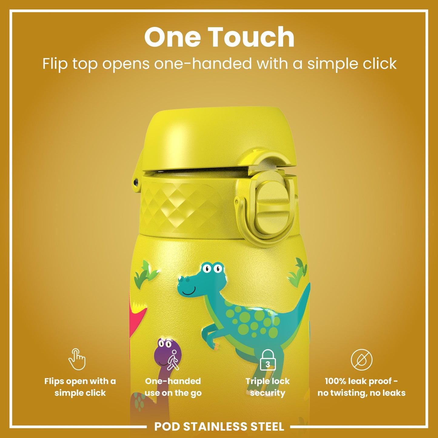 Leak Proof Kids Water Bottle, Stainless Steel, Dinosaurs, 400ml (13oz)