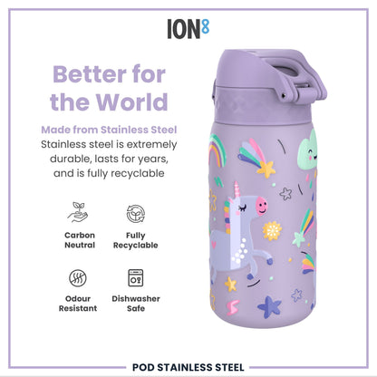 Leak Proof Kids Water Bottle, Stainless Steel, Purple Unicorns, 400ml (13oz)