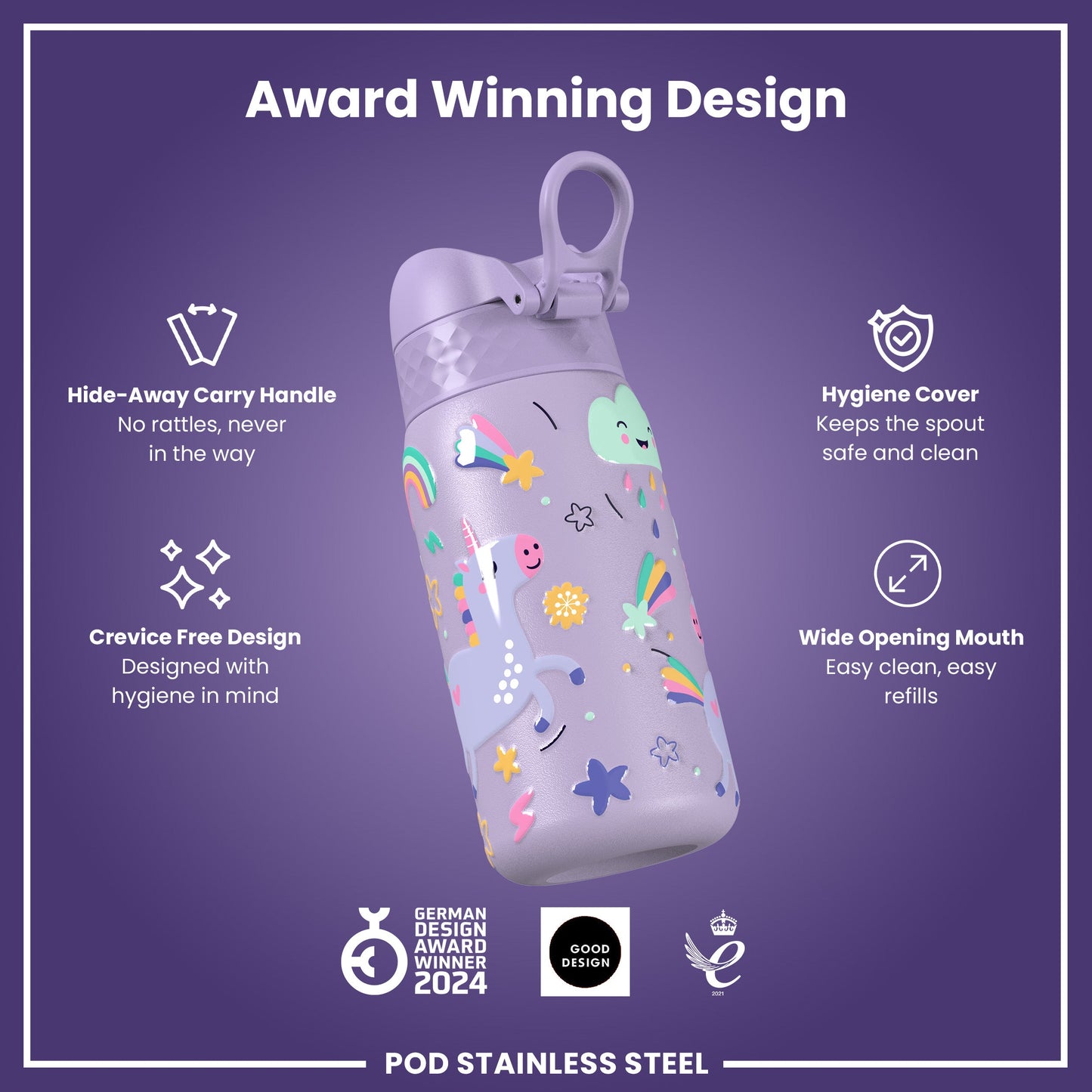 Leak Proof Kids Water Bottle, Stainless Steel, Purple Unicorns, 400ml (13oz)