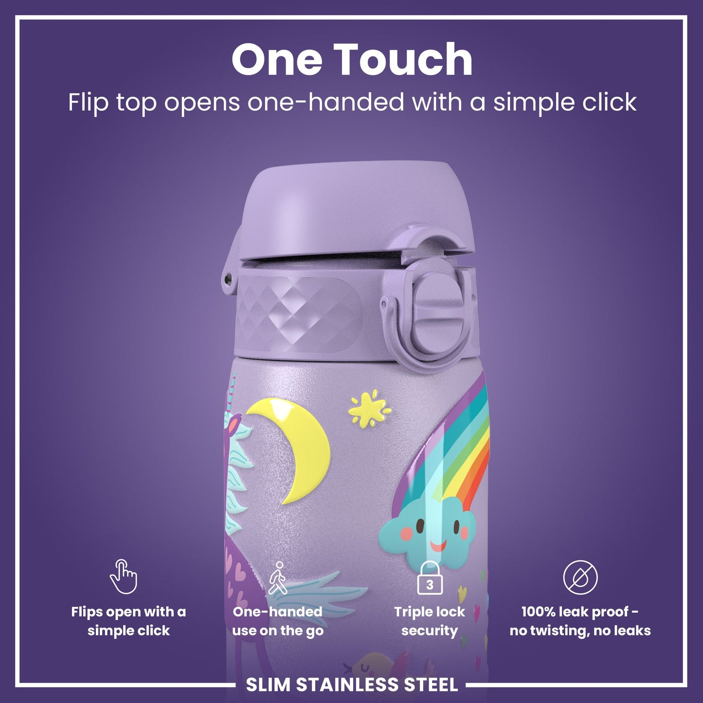 Leak Proof Slim Water Bottle, Stainless Steel, Purple Unicorns, 600ml (20oz)