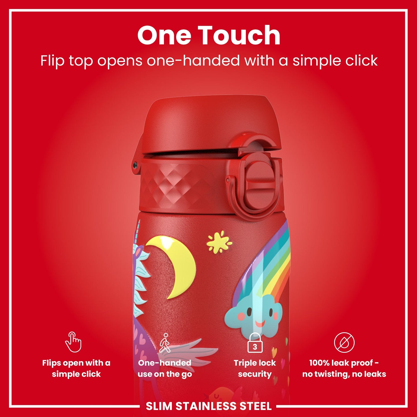 Leak Proof Slim Water Bottle, Stainless Steel, Red Unicorns, 600ml (20oz)