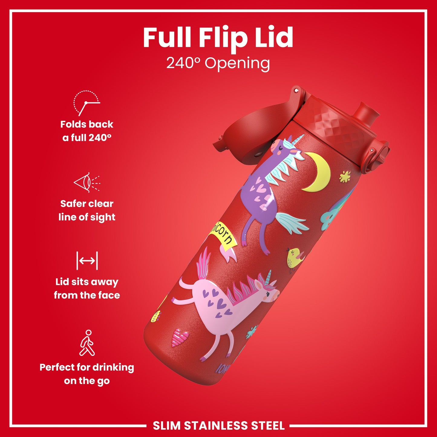 Leak Proof Slim Water Bottle, Stainless Steel, Red Unicorns, 600ml (20oz)