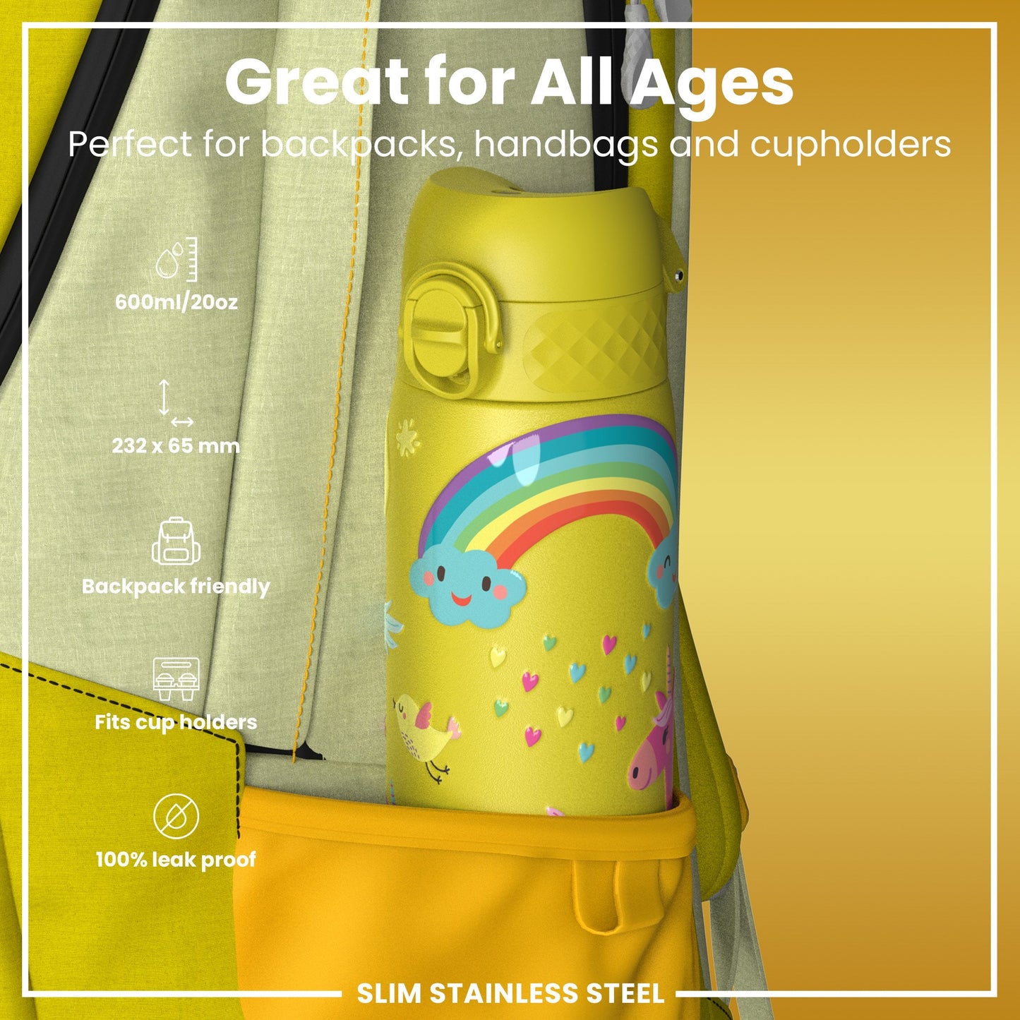 Leak Proof Slim Water Bottle, Stainless Steel, Yellow Unicorns, 600ml (20oz)