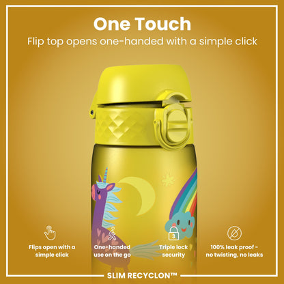 Leak Proof Slim Water Bottle, Recyclon, Yellow Unicorns, 500ml (18oz)
