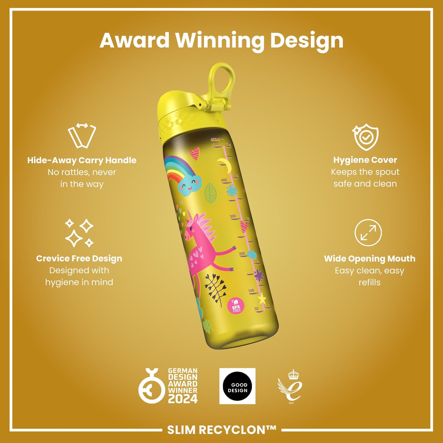 Leak Proof Slim Water Bottle, Recyclon, Yellow Unicorns, 500ml (18oz)