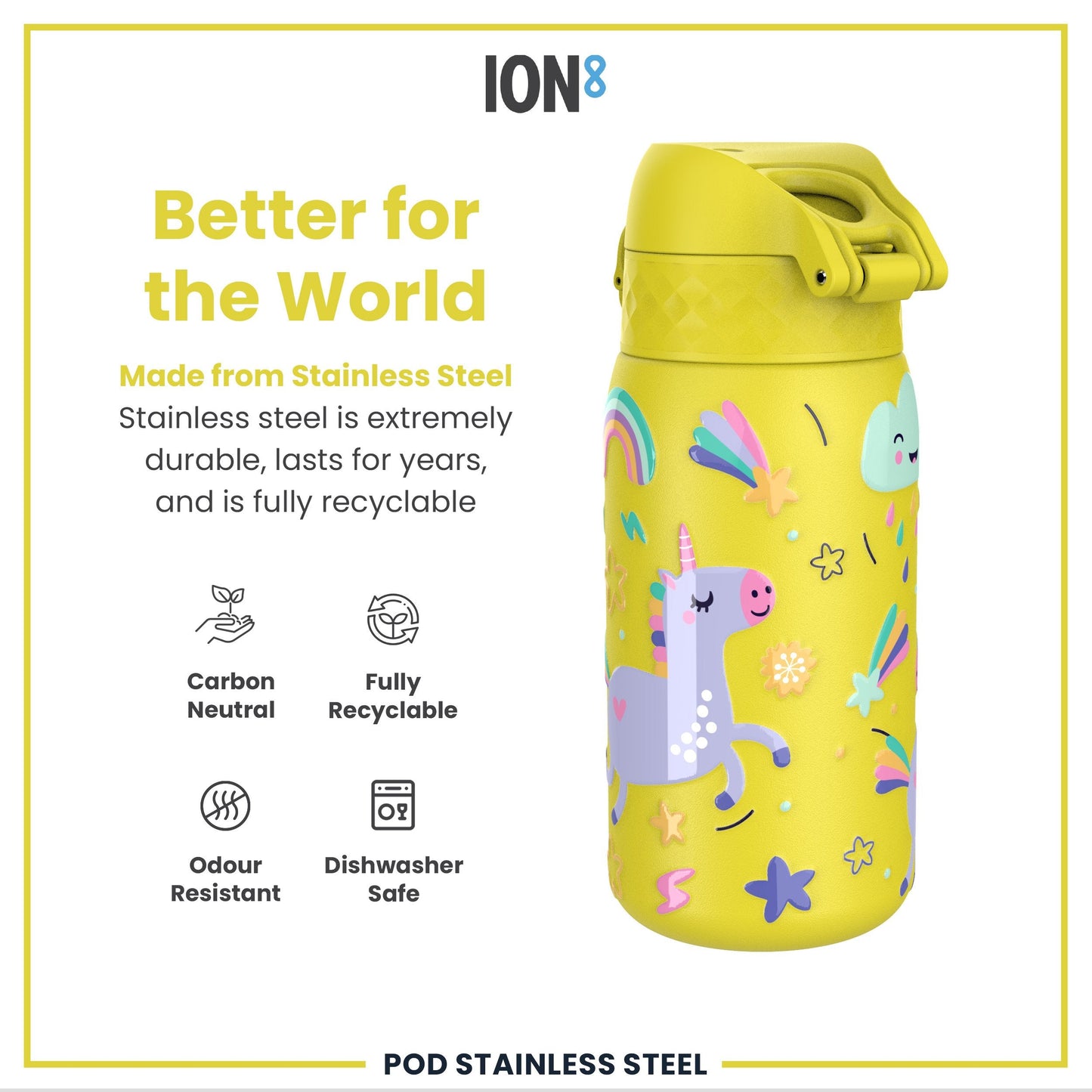 Leak Proof Kids Water Bottle, Stainless Steel, Yellow Unicorns, 400ml (13oz)