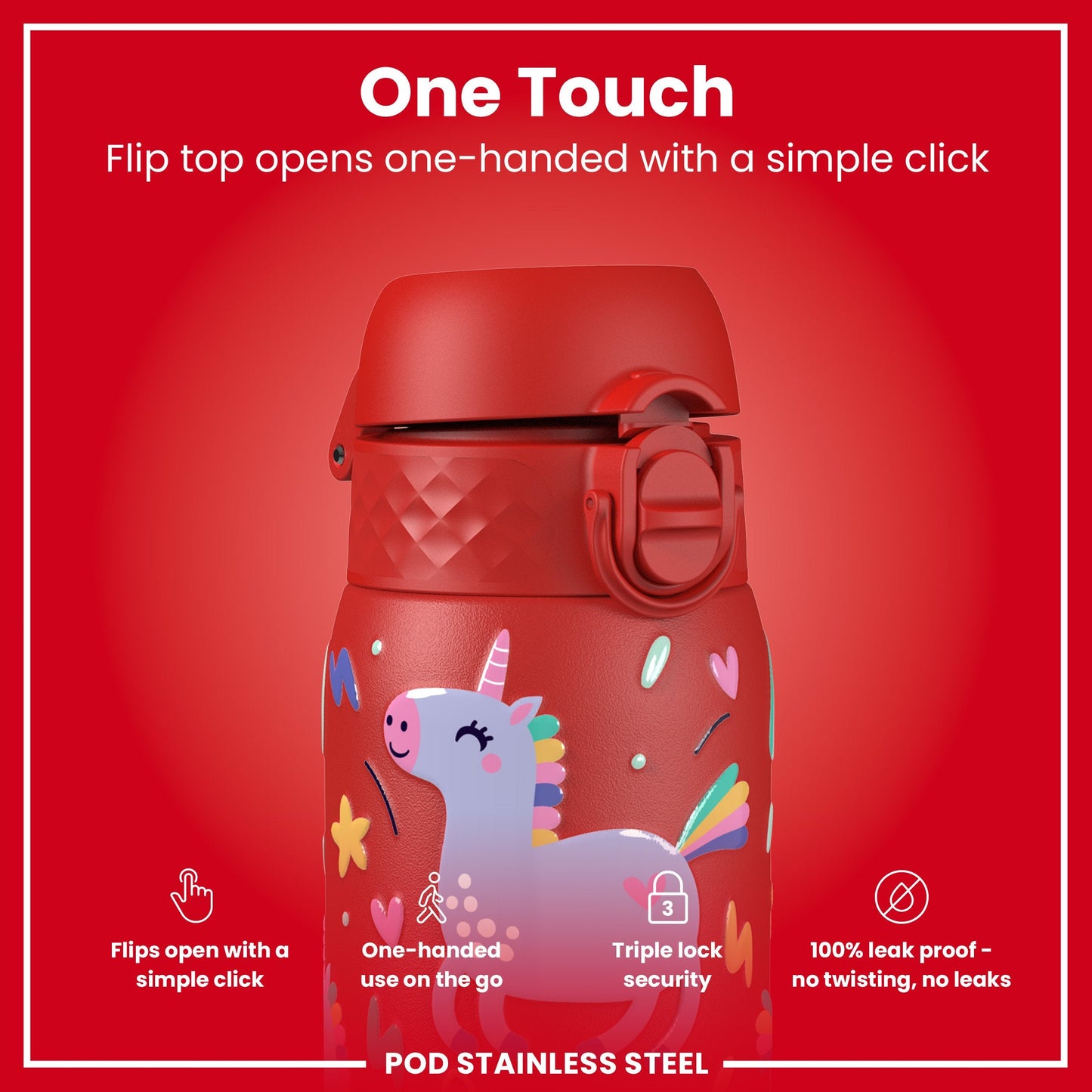 Leak Proof Kids Water Bottle, Stainless Steel, Red Unicorns, 400ml (13oz)
