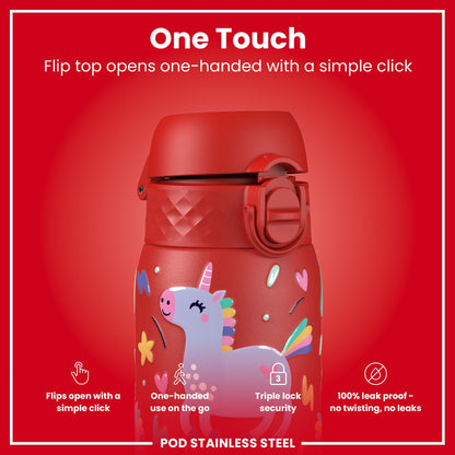 Leak Proof Kids Water Bottle, Stainless Steel, Red Unicorns, 400ml (13oz)