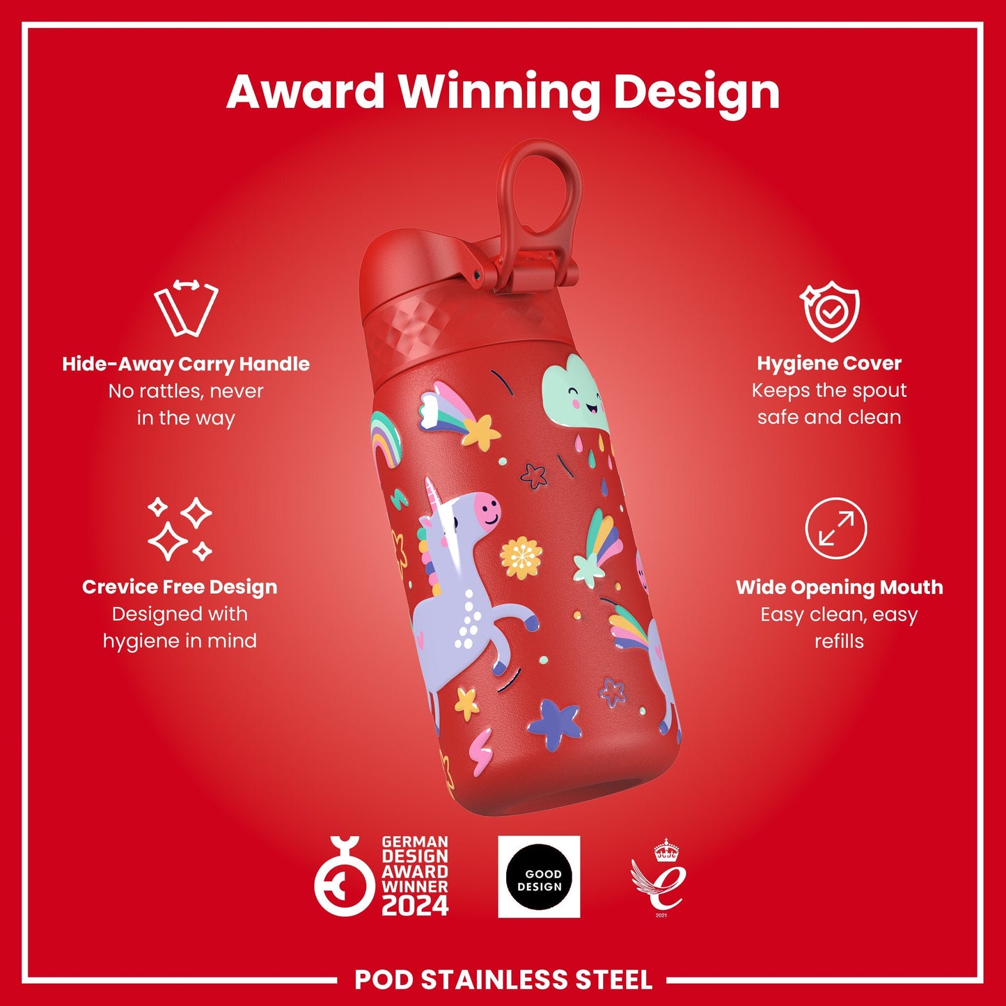 Leak Proof Kids Water Bottle, Stainless Steel, Red Unicorns, 400ml (13oz)