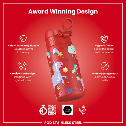 Leak Proof Kids Water Bottle, Stainless Steel, Red Unicorns, 400ml (13oz)