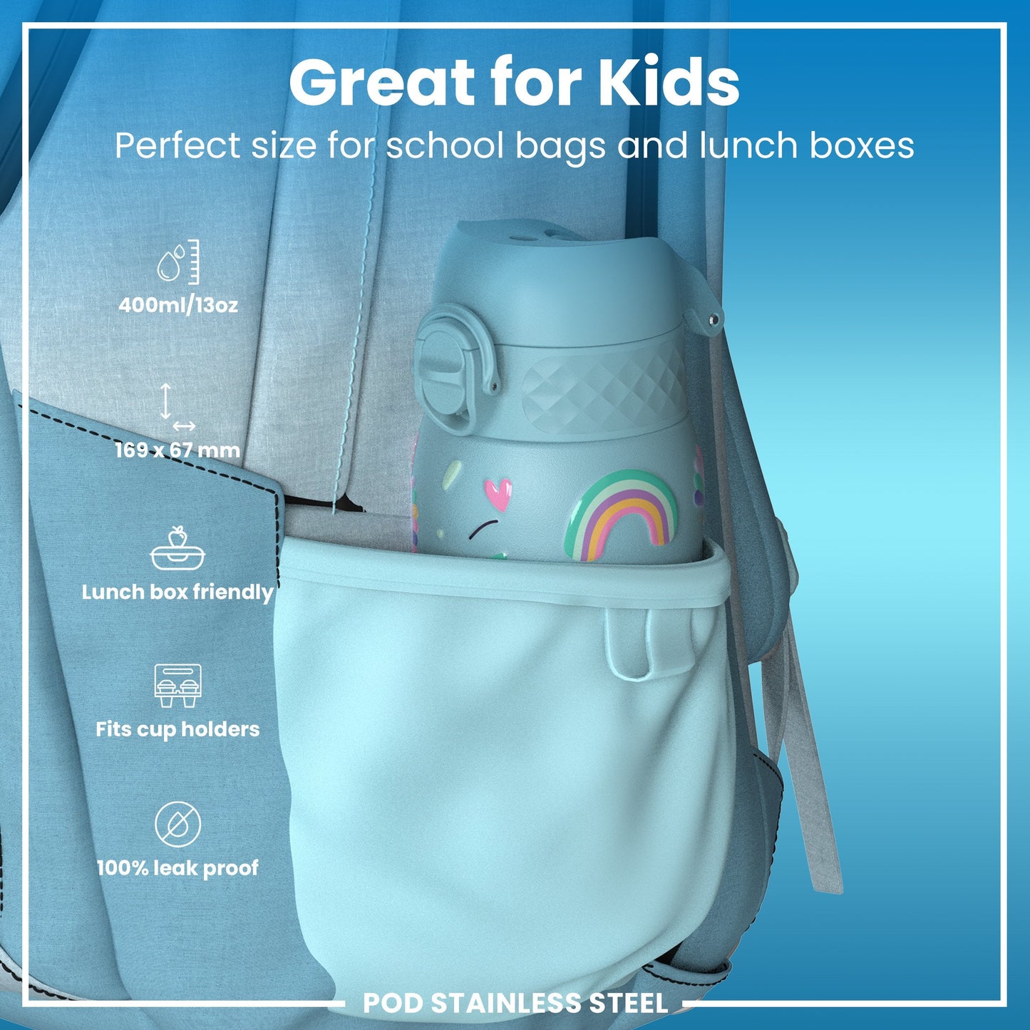 Leak Proof Kids Water Bottle, Stainless Steel, Blue Unicorns, 400ml (13oz)