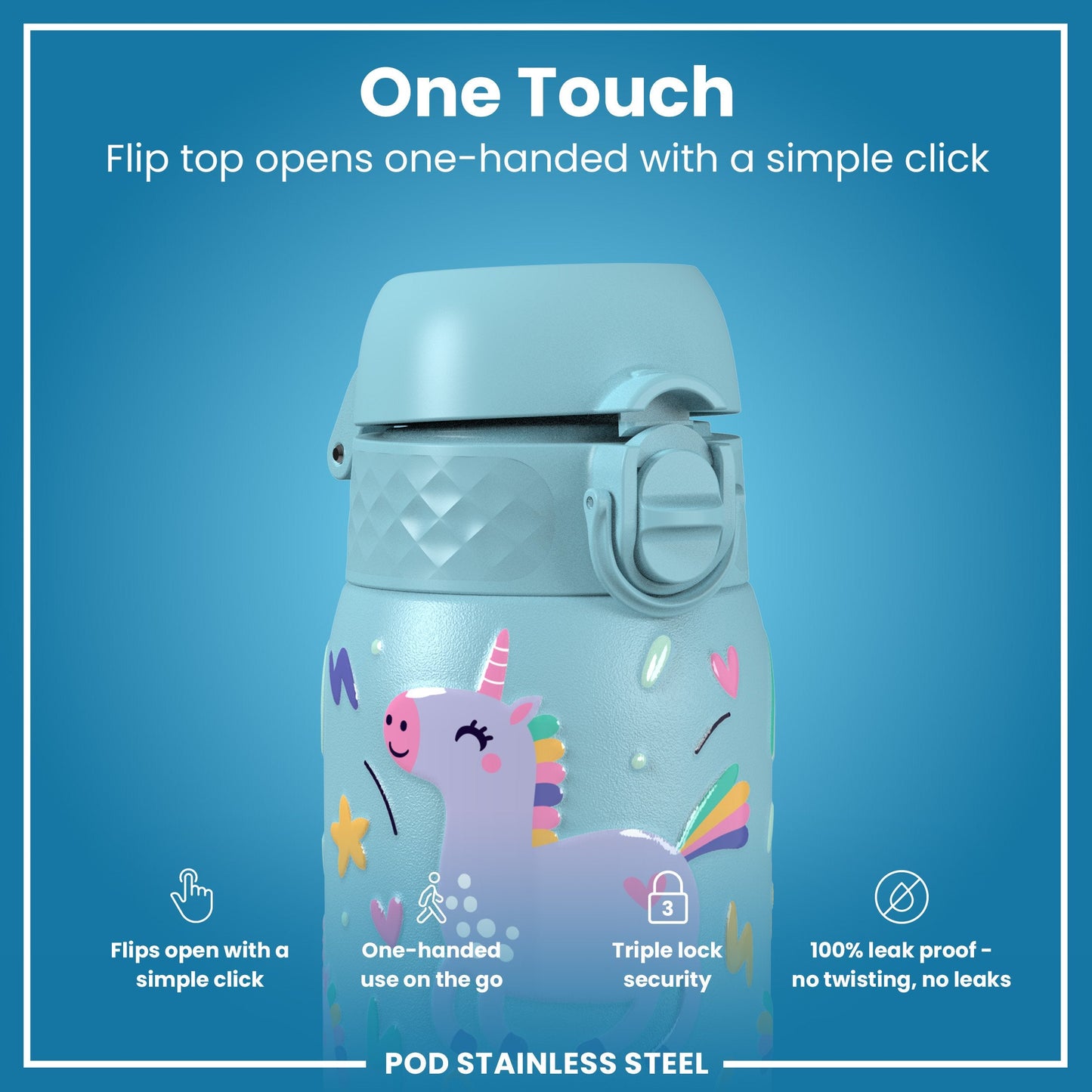 Leak Proof Kids Water Bottle, Stainless Steel, Blue Unicorns, 400ml (13oz)