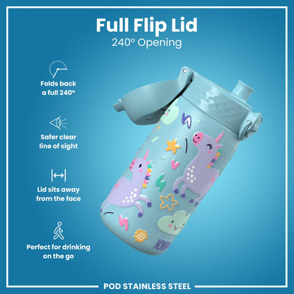 Leak Proof Kids Water Bottle, Stainless Steel, Blue Unicorns, 400ml (13oz)