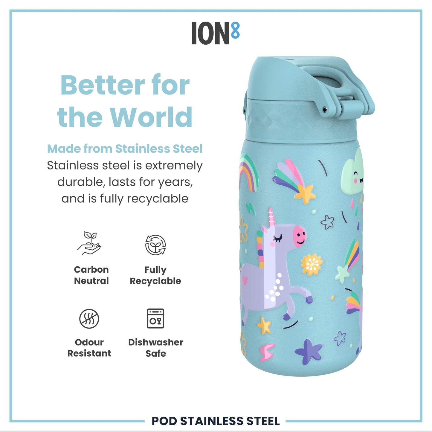 Leak Proof Kids Water Bottle, Stainless Steel, Blue Unicorns, 400ml (13oz)