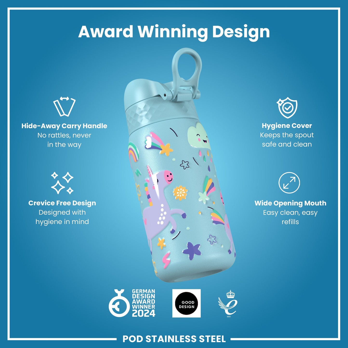 Leak Proof Kids Water Bottle, Stainless Steel, Blue Unicorns, 400ml (13oz)