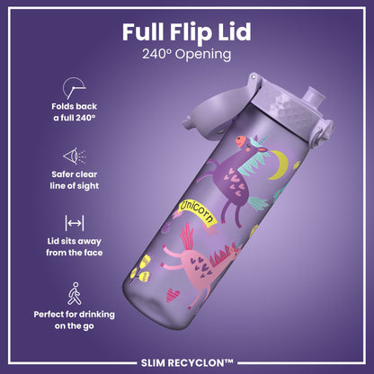 Leak Proof Slim Water Bottle, Recyclon, Purple Unicorns, 500ml (18oz)