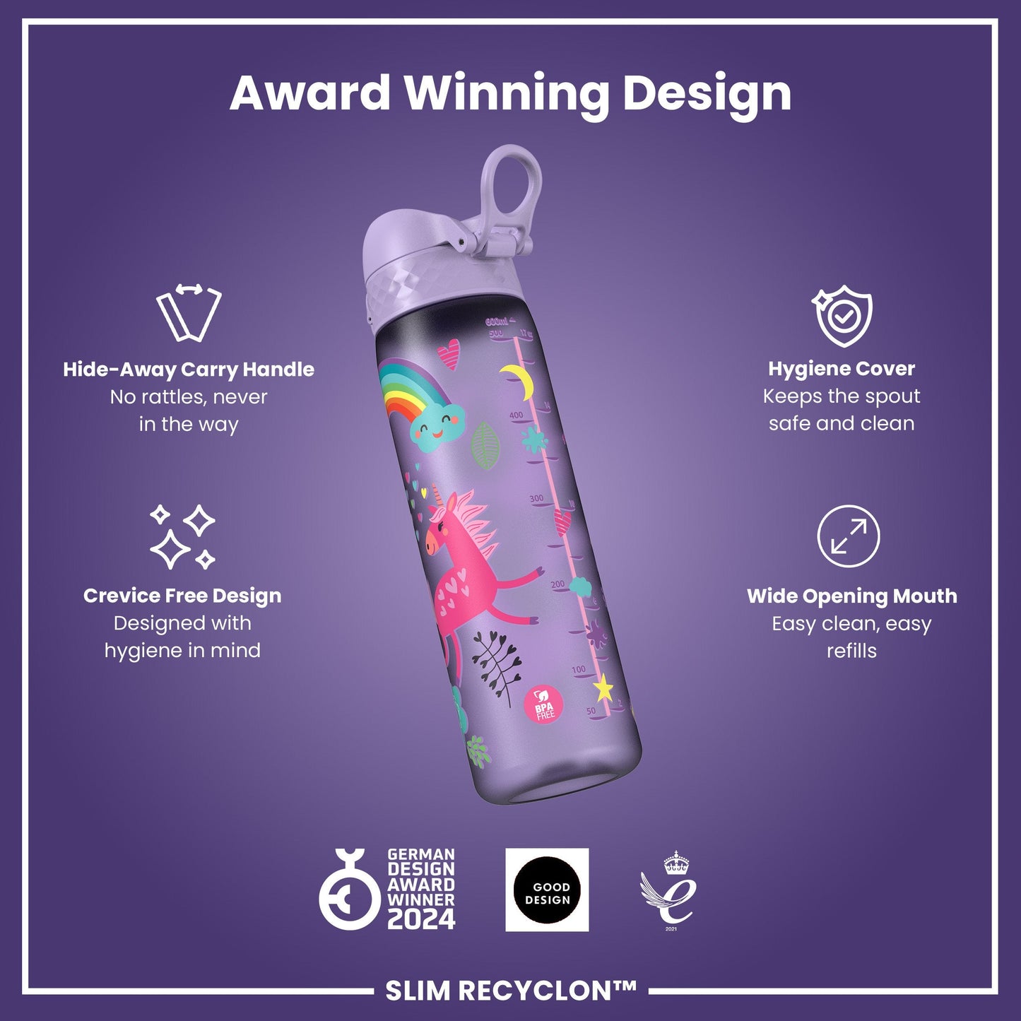 Leak Proof Slim Water Bottle, Recyclon, Purple Unicorns, 500ml (18oz)